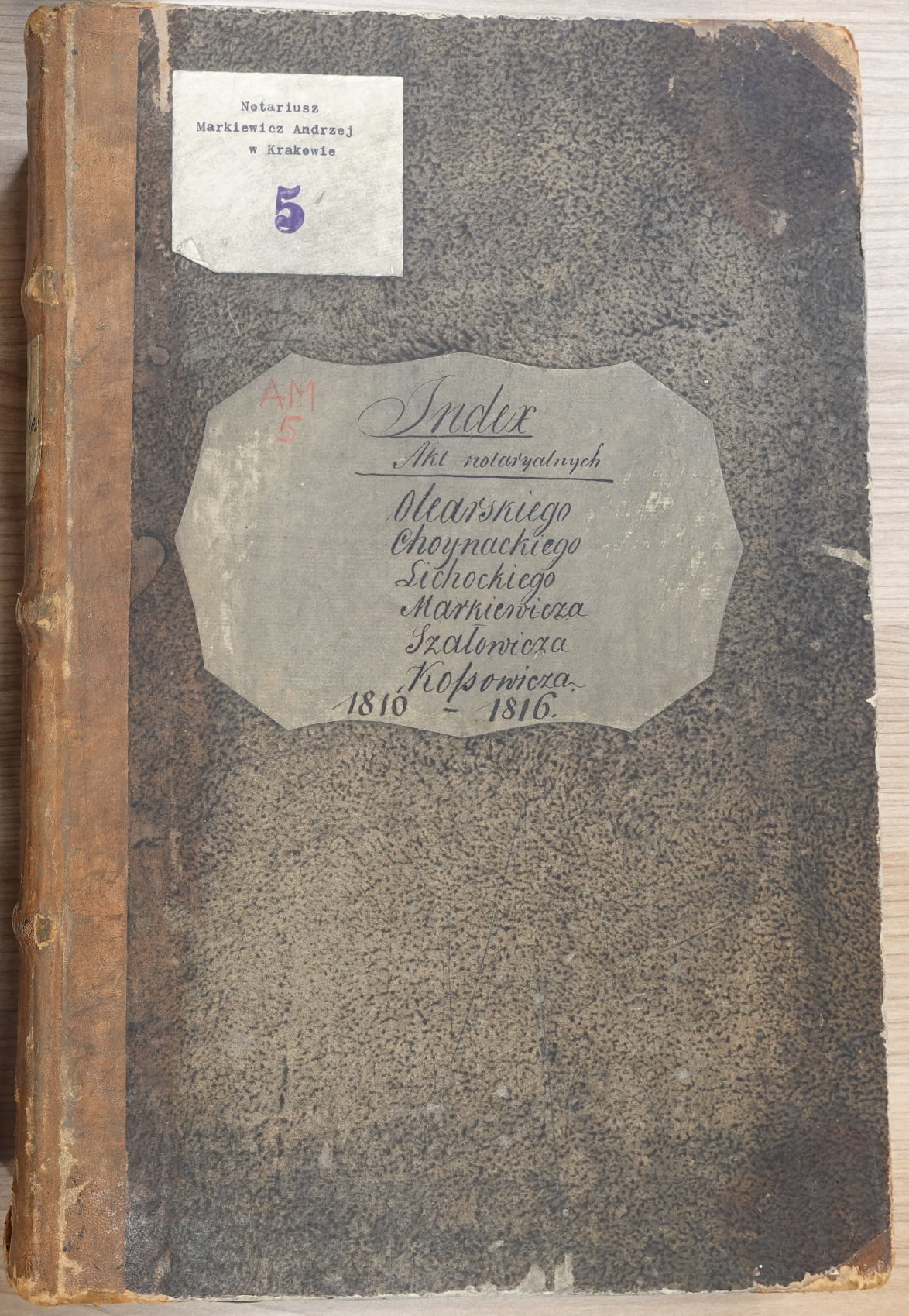 Worn 19th-century leather-bound notary record book from Kraków with a handwritten title page reading "Index Akt notaryalnych ... 1810–1816".