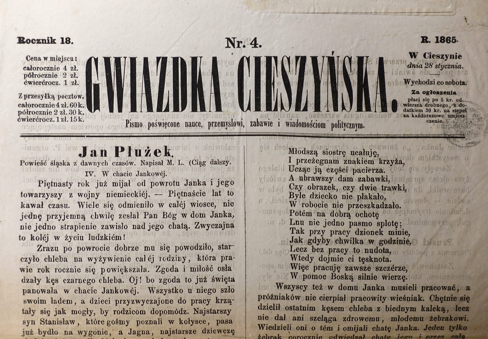 A 19th-century Polish-language newspaper opened to a page of classified advertisements.